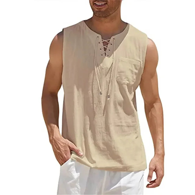 Summer Linen Shirts Men's V-neck Sleeveless T-shirt Breathable Loose Cotton Linen T Shirt Lightweight Drawstring Short Sleeves