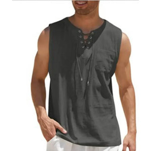 Summer Linen Shirts Men's V-neck Sleeveless T-shirt Breathable Loose Cotton Linen T Shirt Lightweight Drawstring Short Sleeves