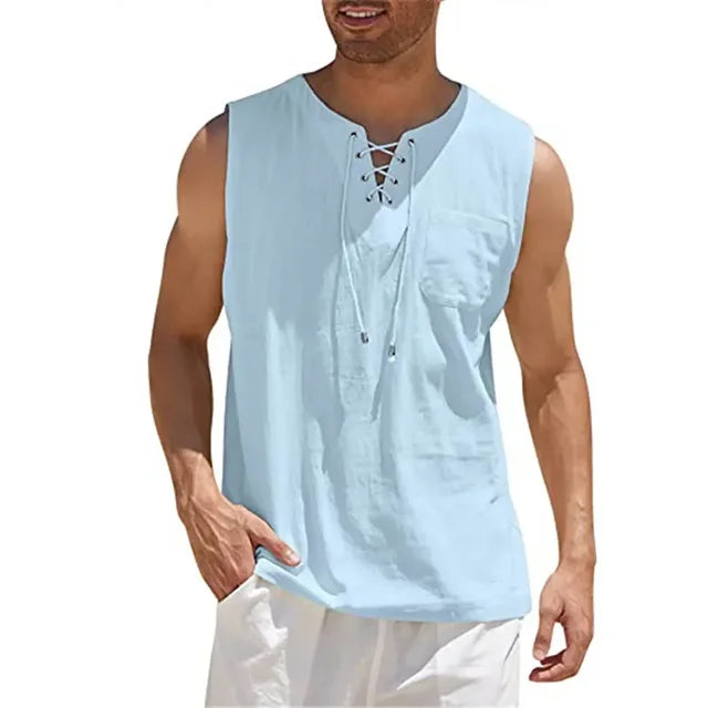 Summer Linen Shirts Men's V-neck Sleeveless T-shirt Breathable Loose Cotton Linen T Shirt Lightweight Drawstring Short Sleeves