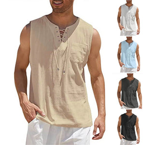 Summer Linen Shirts Men's V-neck Sleeveless T-shirt Breathable Loose Cotton Linen T Shirt Lightweight Drawstring Short Sleeves