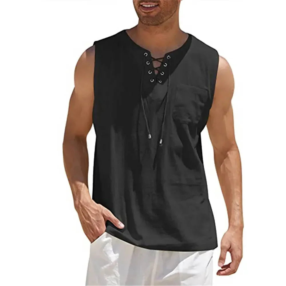 Summer Linen Shirts Men's V-neck Sleeveless T-shirt Breathable Loose Cotton Linen T Shirt Lightweight Drawstring Short Sleeves