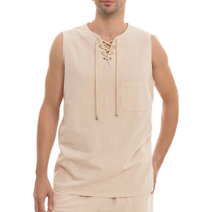 Summer Linen Shirts Men's V-neck Sleeveless T-shirt Breathable Loose Cotton Linen T Shirt Lightweight Drawstring Short Sleeves