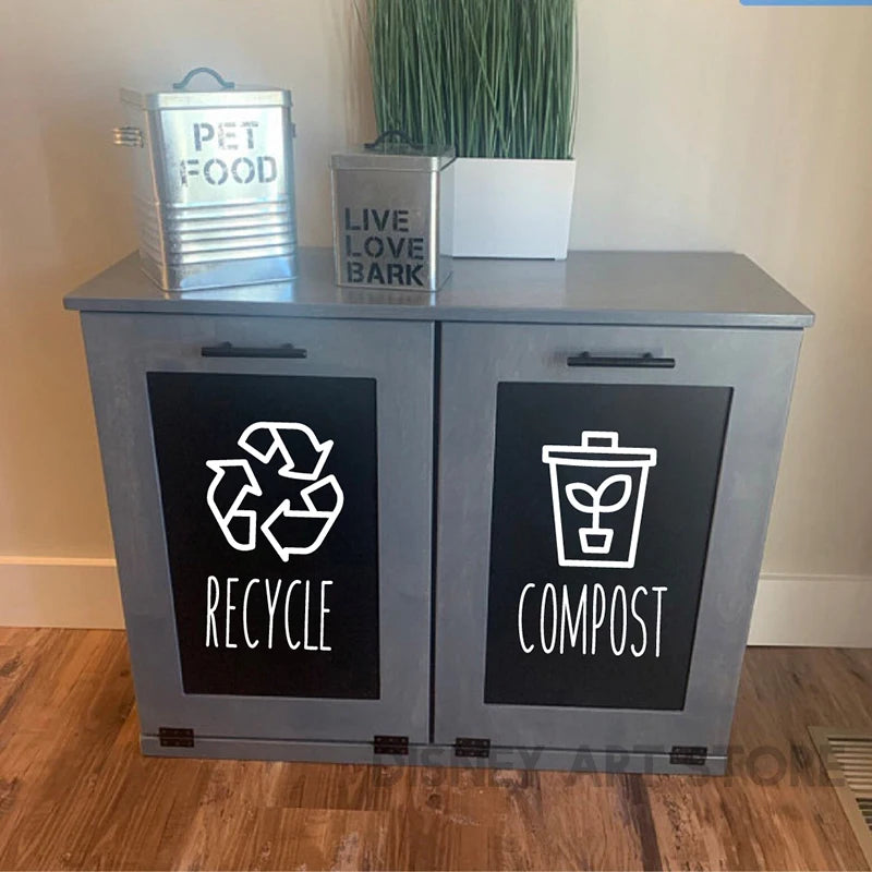 Trash and Recycle Rubbish Trash Can Wheelie Bin Vinyl Sticker Compost Decals Farmhouse Laundry Pantry Kitchen Organization Decal