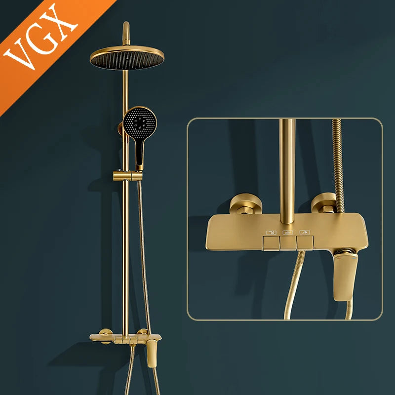 VGX Gold Shower System Bathroom Shower Faucet Set 3-way  Rainfall Shower Mixer Crane with Hand Shower Set Black Grey Chrome