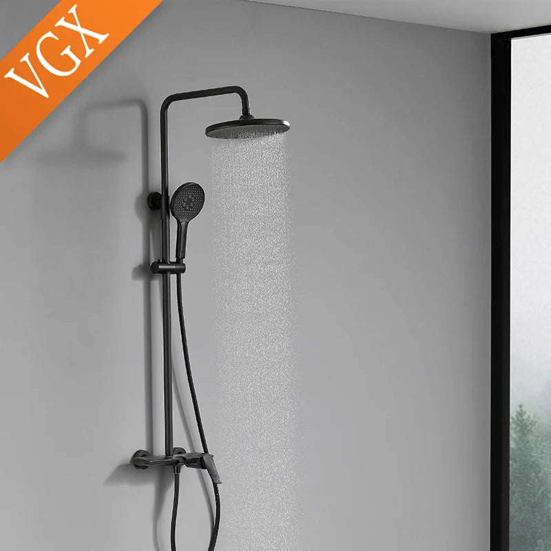 VGX Gold Shower System Bathroom Shower Faucet Set 3-way  Rainfall Shower Mixer Crane with Hand Shower Set Black Grey Chrome