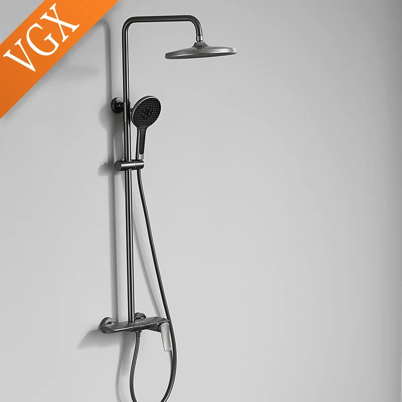 VGX Gold Shower System Bathroom Shower Faucet Set 3-way  Rainfall Shower Mixer Crane with Hand Shower Set Black Grey Chrome