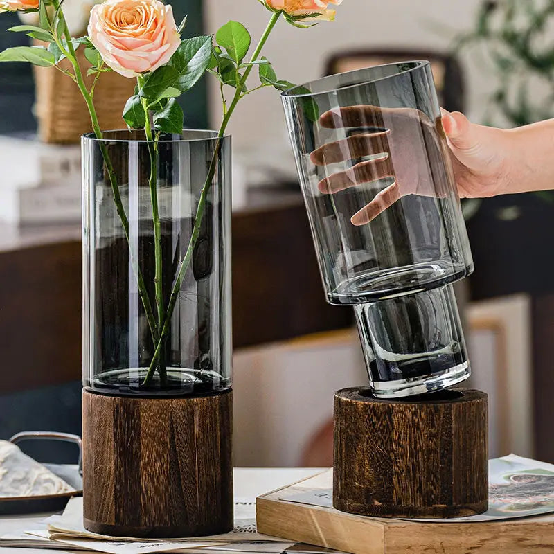 Vases Simple European hydroponic plant household living room table  inserted flower wood base transparent glass vase Home Decor