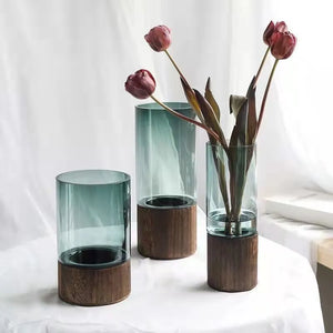 Vases Simple European hydroponic plant household living room table  inserted flower wood base transparent glass vase Home Decor