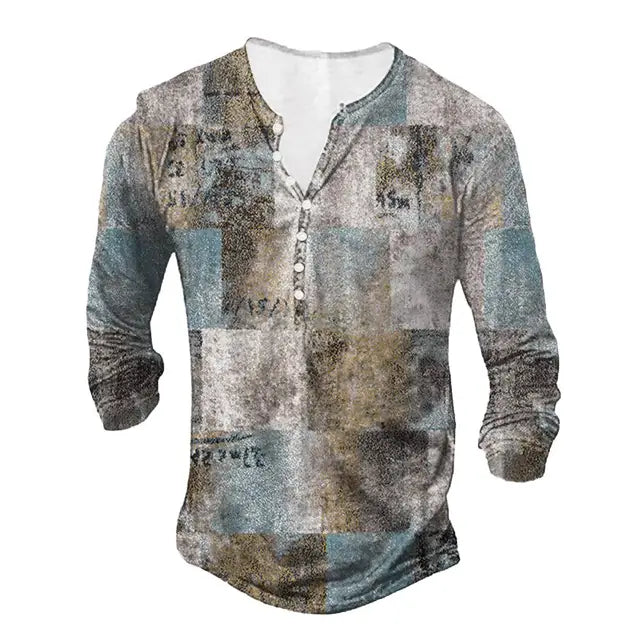 Vintage Men's T-shirt Graphic T Shirts Cotton Tees Geometic Line 3D Printed Long Sleeve Henley Shirt Oversized Men Clothing Tops