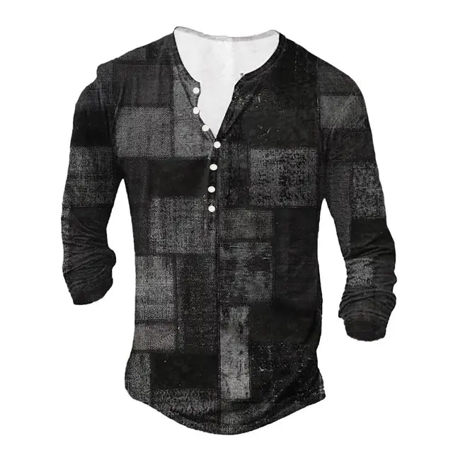 Vintage Men's T-shirt Graphic T Shirts Cotton Tees Geometic Line 3D Printed Long Sleeve Henley Shirt Oversized Men Clothing Tops