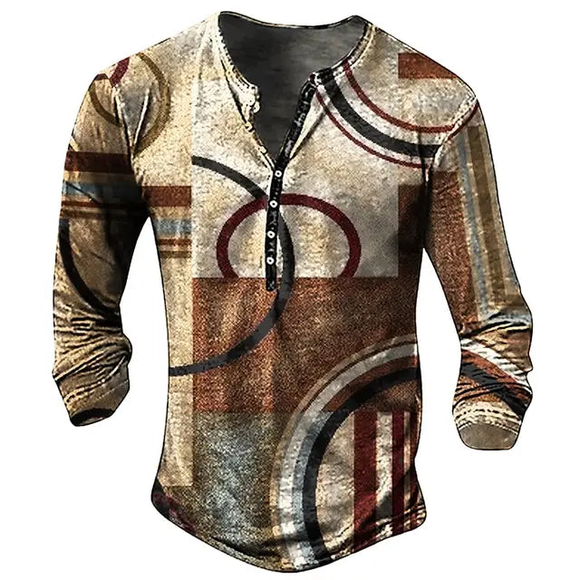 Vintage Men's T-shirt Graphic T Shirts Cotton Tees Geometic Line 3D Printed Long Sleeve Henley Shirt Oversized Men Clothing Tops