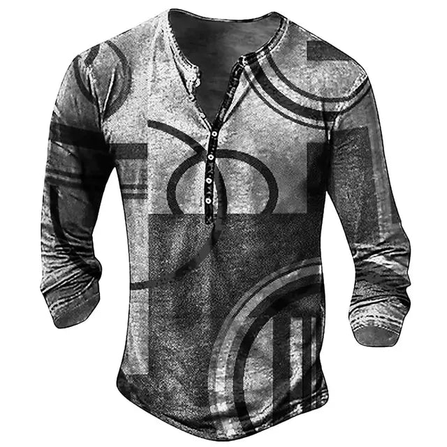 Vintage Men's T-shirt Graphic T Shirts Cotton Tees Geometic Line 3D Printed Long Sleeve Henley Shirt Oversized Men Clothing Tops