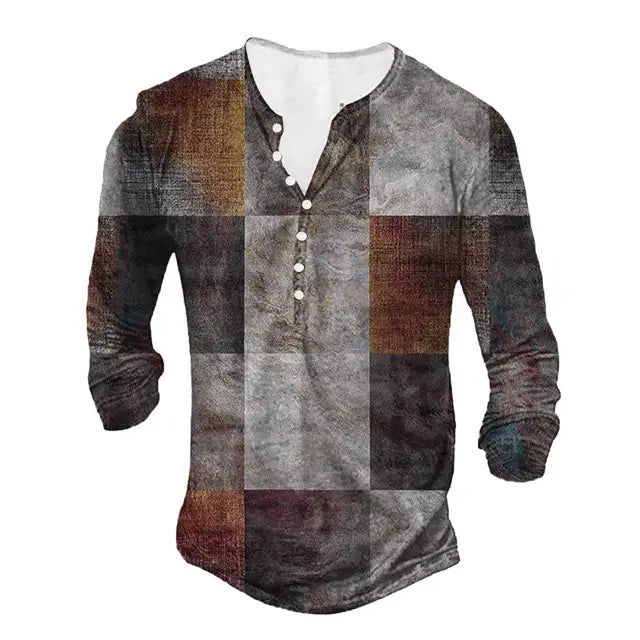 Vintage Men's T-shirt Graphic T Shirts Cotton Tees Geometic Line 3D Printed Long Sleeve Henley Shirt Oversized Men Clothing Tops