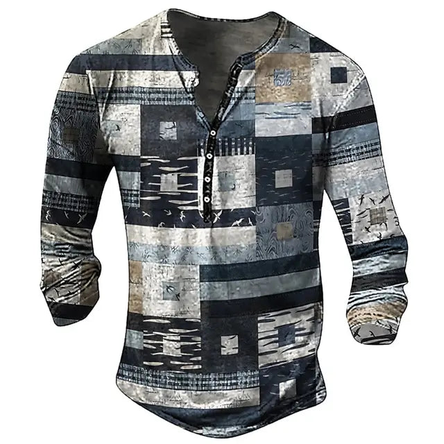 Vintage Men's T-shirt Graphic T Shirts Cotton Tees Geometic Line 3D Printed Long Sleeve Henley Shirt Oversized Men Clothing Tops