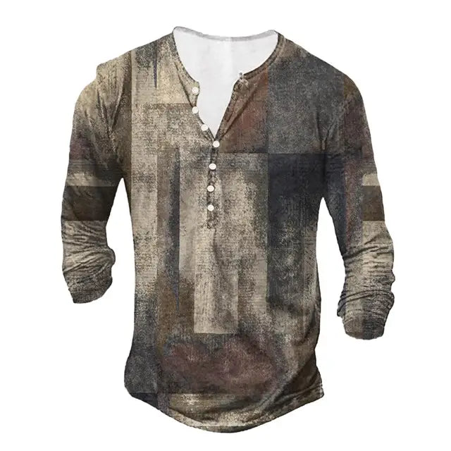 Vintage Men's T-shirt Graphic T Shirts Cotton Tees Geometic Line 3D Printed Long Sleeve Henley Shirt Oversized Men Clothing Tops