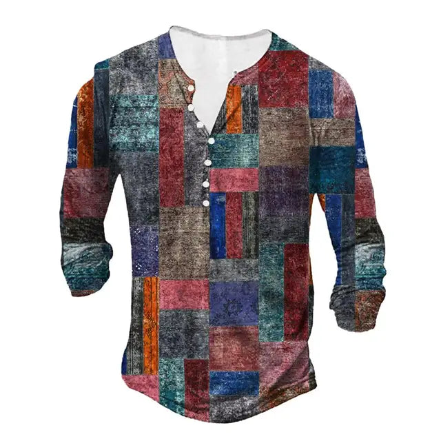 Vintage Men's T-shirt Graphic T Shirts Cotton Tees Geometic Line 3D Printed Long Sleeve Henley Shirt Oversized Men Clothing Tops