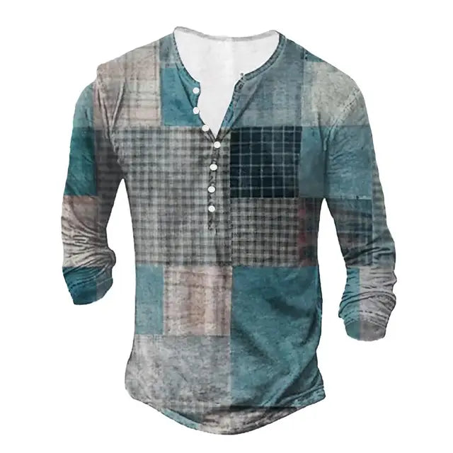 Vintage Men's T-shirt Graphic T Shirts Cotton Tees Geometic Line 3D Printed Long Sleeve Henley Shirt Oversized Men Clothing Tops