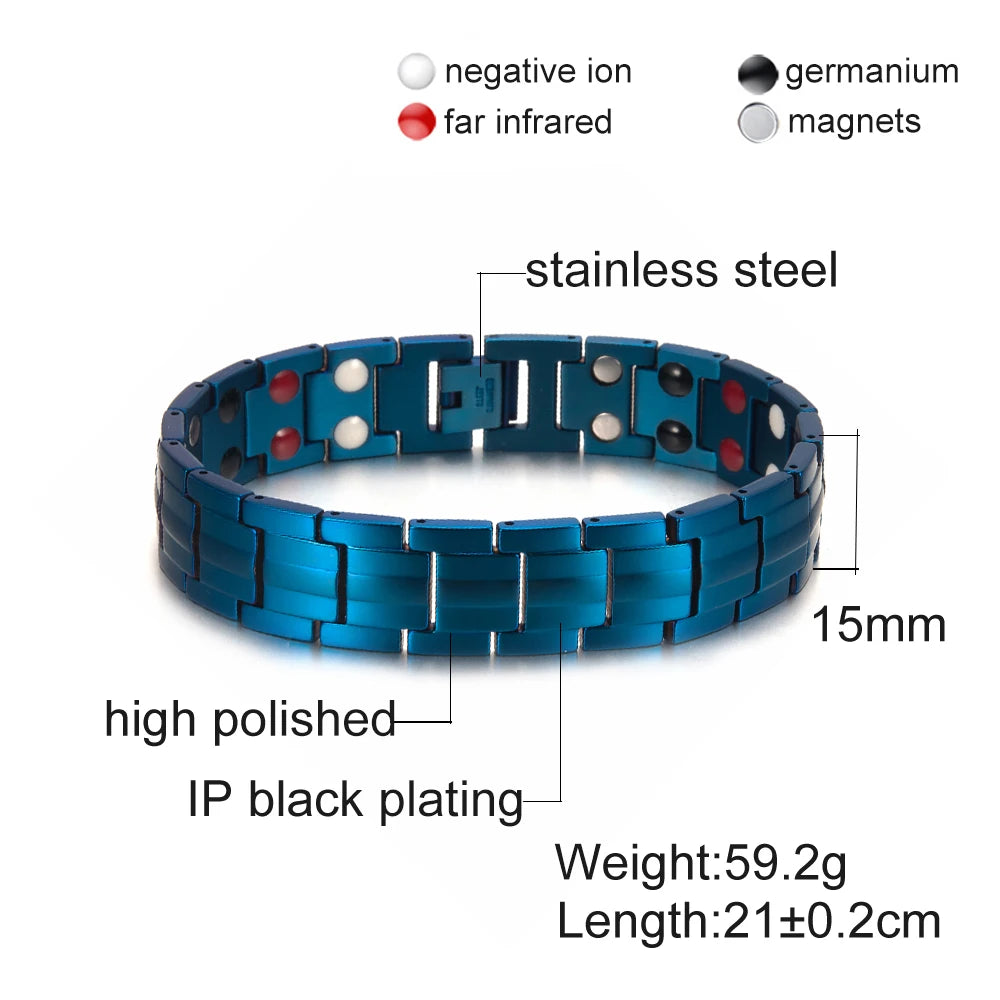 Vinterly Blue Magnetic Bracelet Men Hand Chain Link Stainless Steel Men Bracelet Health Energy Germanium Hologram Mens Bracelets