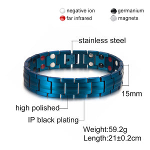 Vinterly Blue Magnetic Bracelet Men Hand Chain Link Stainless Steel Men Bracelet Health Energy Germanium Hologram Mens Bracelets