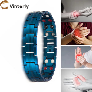 Vinterly Blue Magnetic Bracelet Men Hand Chain Link Stainless Steel Men Bracelet Health Energy Germanium Hologram Mens Bracelets