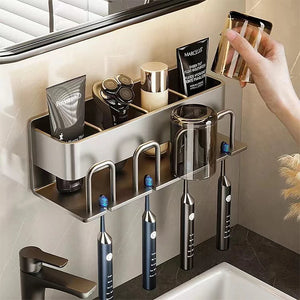 Wall Mounted Toothbrush Holder Aluminium Alloy Toothpaste Rack Without Drilling Space Saving Bathroom Household Shelf Accessorie