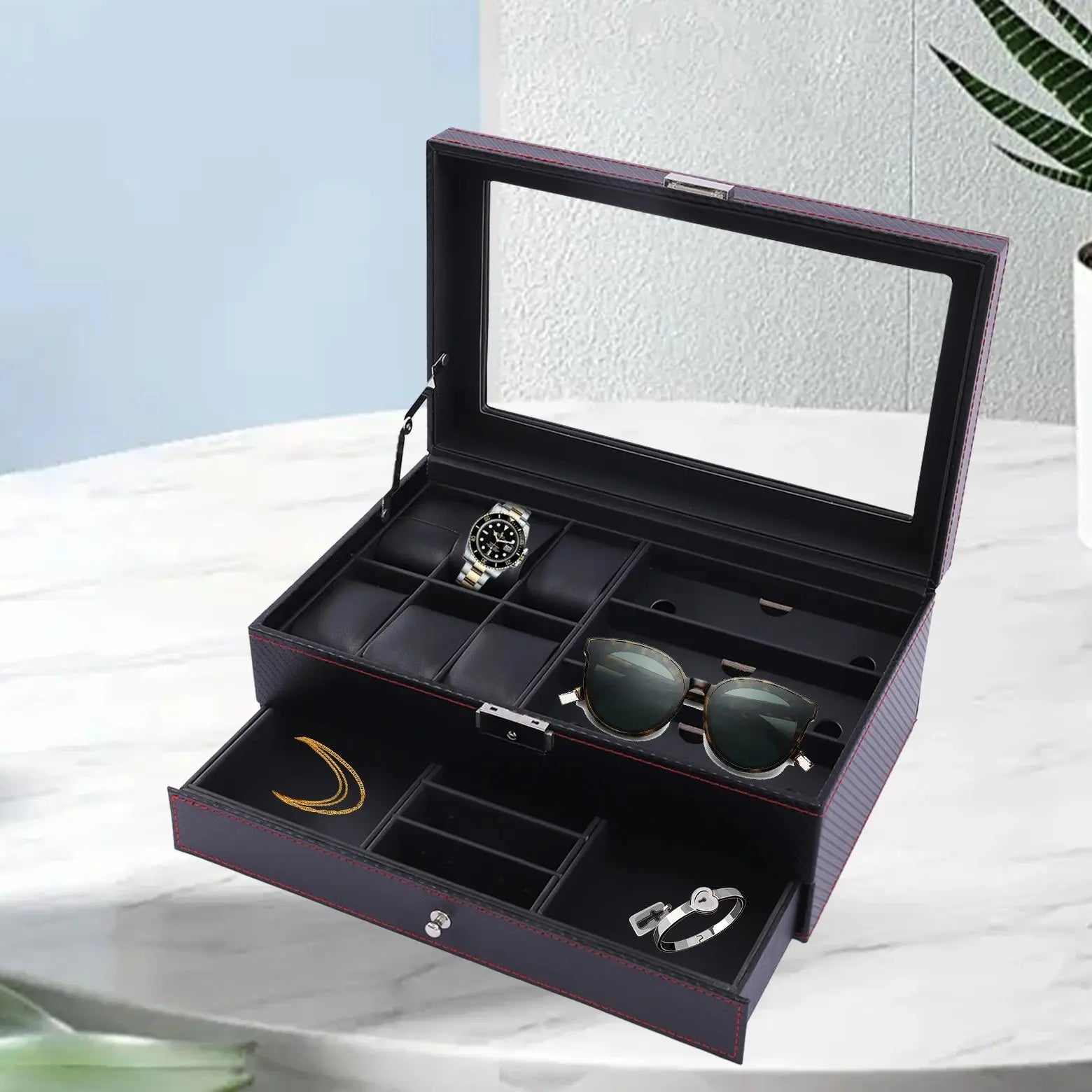 Watch Box for Men Sunglasses Box Display Case Organizer For Men Jewelry 6 Watch Holder 3 Glasses Slots Valet Drawer for Rings