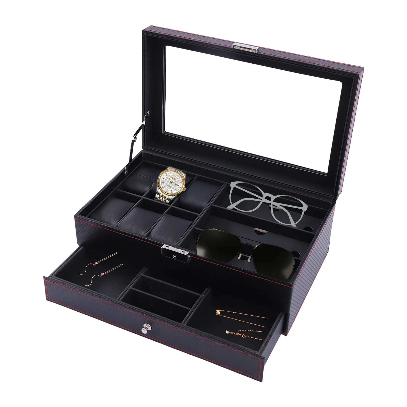 Watch Box for Men Sunglasses Box Display Case Organizer For Men Jewelry 6 Watch Holder 3 Glasses Slots Valet Drawer for Rings