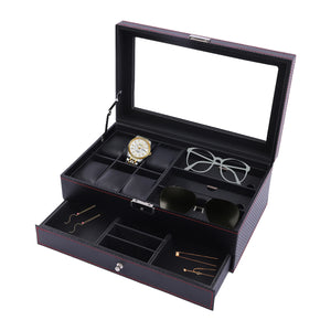 Watch Box for Men Sunglasses Box Display Case Organizer For Men Jewelry 6 Watch Holder 3 Glasses Slots Valet Drawer for Rings