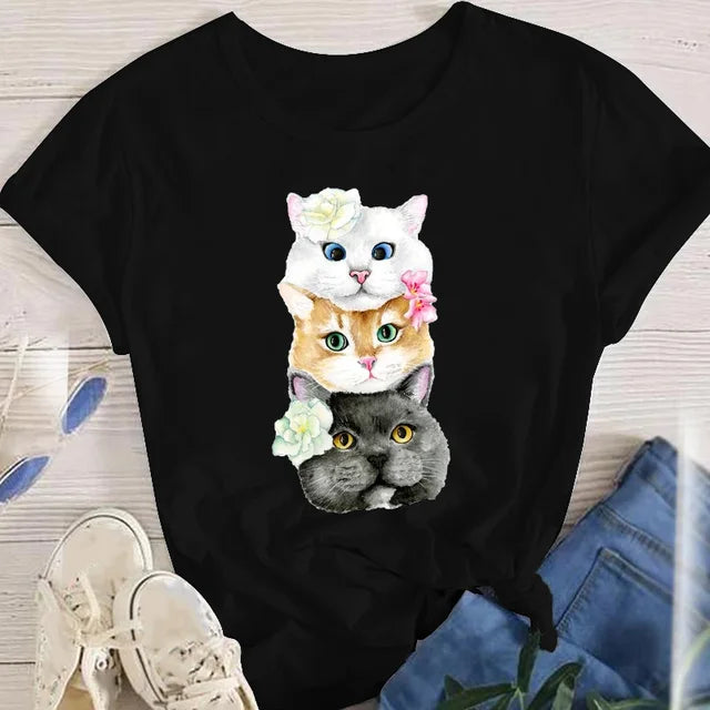 Women Lady Oversized T-shirt Tees Female Korean Fashion Summer Short Sleeve Cartoon Print Graphic Clothes Tops Cute Cat Animal