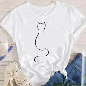 Women Lady Oversized T-shirt Tees Female Korean Fashion Summer Short Sleeve Cartoon Print Graphic Clothes Tops Cute Cat Animal