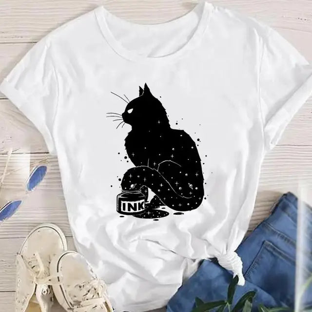 Women Lady Oversized T-shirt Tees Female Korean Fashion Summer Short Sleeve Cartoon Print Graphic Clothes Tops Cute Cat Animal