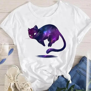 Women Lady Oversized T-shirt Tees Female Korean Fashion Summer Short Sleeve Cartoon Print Graphic Clothes Tops Cute Cat Animal