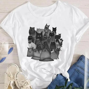 Women Lady Oversized T-shirt Tees Female Korean Fashion Summer Short Sleeve Cartoon Print Graphic Clothes Tops Cute Cat Animal