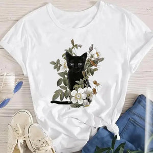 Women Lady Oversized T-shirt Tees Female Korean Fashion Summer Short Sleeve Cartoon Print Graphic Clothes Tops Cute Cat Animal