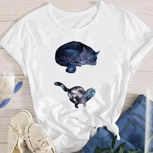 Women Lady Oversized T-shirt Tees Female Korean Fashion Summer Short Sleeve Cartoon Print Graphic Clothes Tops Cute Cat Animal