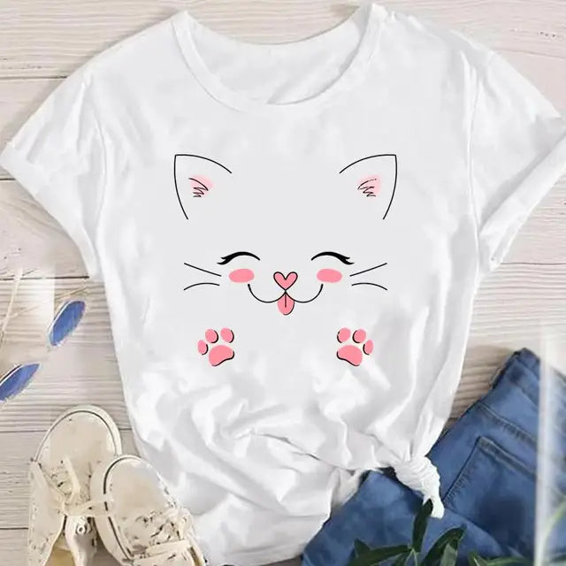 Women Lady Oversized T-shirt Tees Female Korean Fashion Summer Short Sleeve Cartoon Print Graphic Clothes Tops Cute Cat Animal