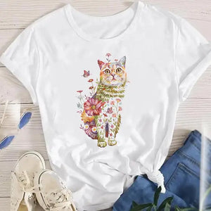 Women Lady Oversized T-shirt Tees Female Korean Fashion Summer Short Sleeve Cartoon Print Graphic Clothes Tops Cute Cat Animal