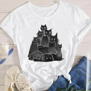 Women Lady Oversized T-shirt Tees Female Korean Fashion Summer Short Sleeve Cartoon Print Graphic Clothes Tops Cute Cat Animal