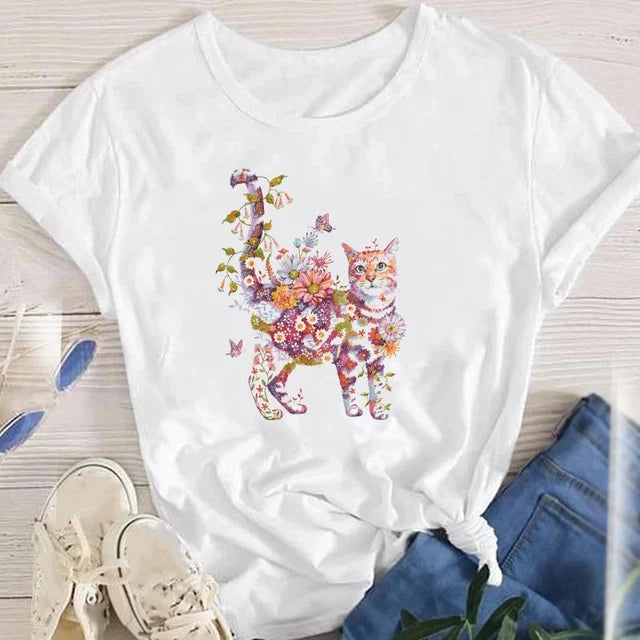 Women Lady Oversized T-shirt Tees Female Korean Fashion Summer Short Sleeve Cartoon Print Graphic Clothes Tops Cute Cat Animal