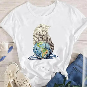 Women Lady Oversized T-shirt Tees Female Korean Fashion Summer Short Sleeve Cartoon Print Graphic Clothes Tops Cute Cat Animal