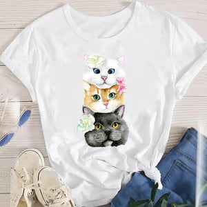 Women Lady Oversized T-shirt Tees Female Korean Fashion Summer Short Sleeve Cartoon Print Graphic Clothes Tops Cute Cat Animal