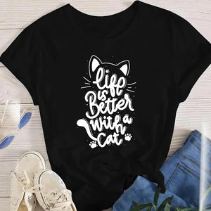 Women Lady Oversized T-shirt Tees Female Korean Fashion Summer Short Sleeve Cartoon Print Graphic Clothes Tops Cute Cat Animal