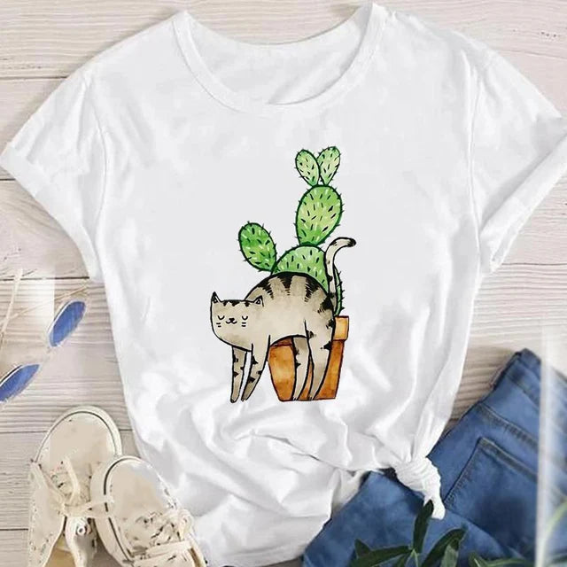 Women Lady Oversized T-shirt Tees Female Korean Fashion Summer Short Sleeve Cartoon Print Graphic Clothes Tops Cute Cat Animal