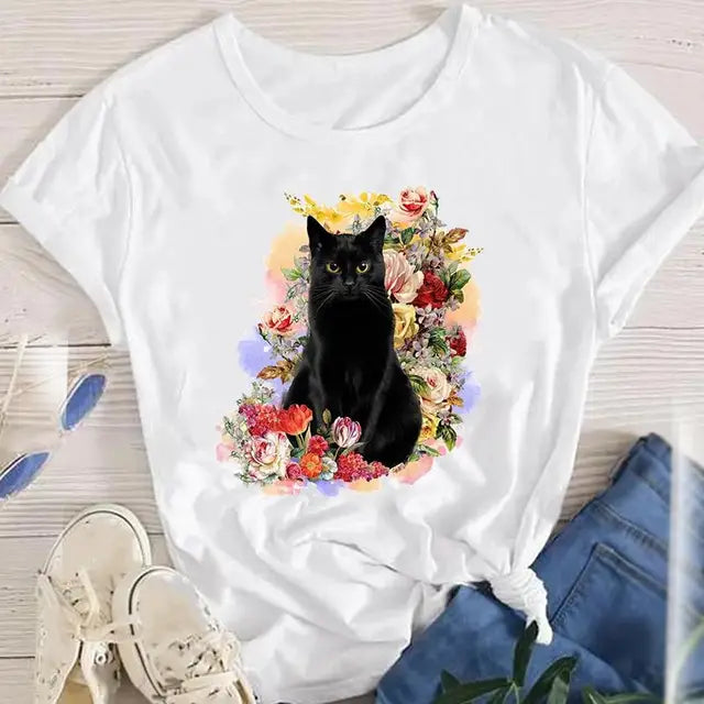 Women Lady Oversized T-shirt Tees Female Korean Fashion Summer Short Sleeve Cartoon Print Graphic Clothes Tops Cute Cat Animal