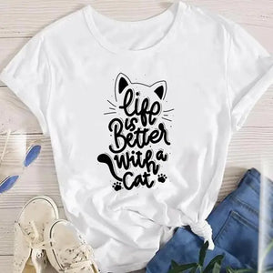 Women Lady Oversized T-shirt Tees Female Korean Fashion Summer Short Sleeve Cartoon Print Graphic Clothes Tops Cute Cat Animal