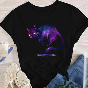 Women Lady Oversized T-shirt Tees Female Korean Fashion Summer Short Sleeve Cartoon Print Graphic Clothes Tops Cute Cat Animal