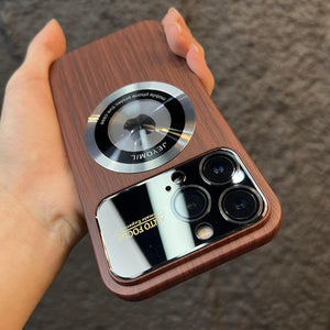 Wood Grain Large Window Magnetic for Magsafe Wireless Charging Case For iPhone 15 14 13 11 12 Pro Max Camera Protection Cover