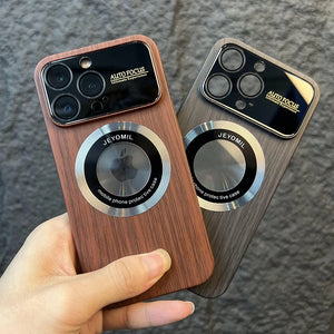 Wood Grain Large Window Magnetic for Magsafe Wireless Charging Case For iPhone 15 14 13 11 12 Pro Max Camera Protection Cover